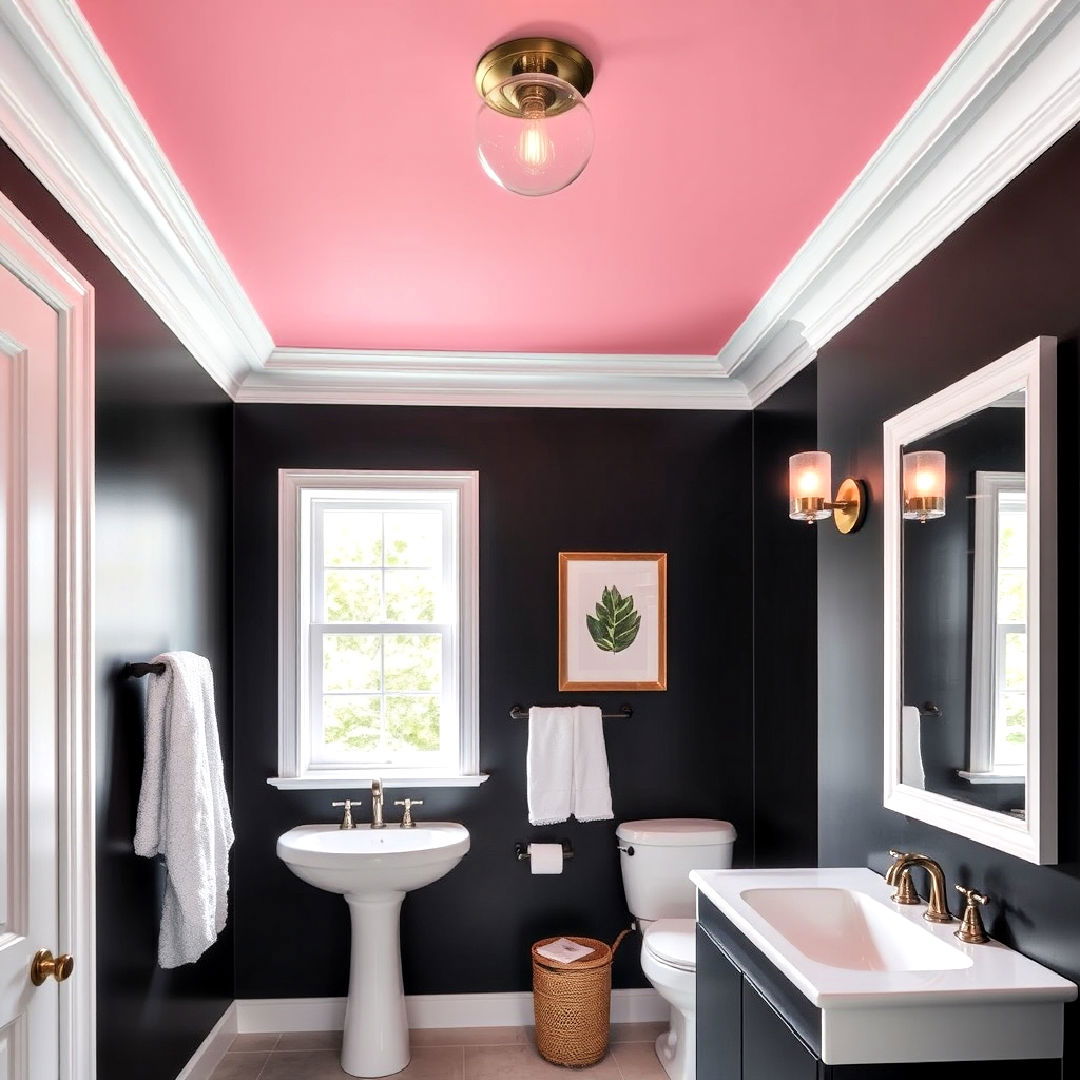 pink bathroom ceiling with black walls