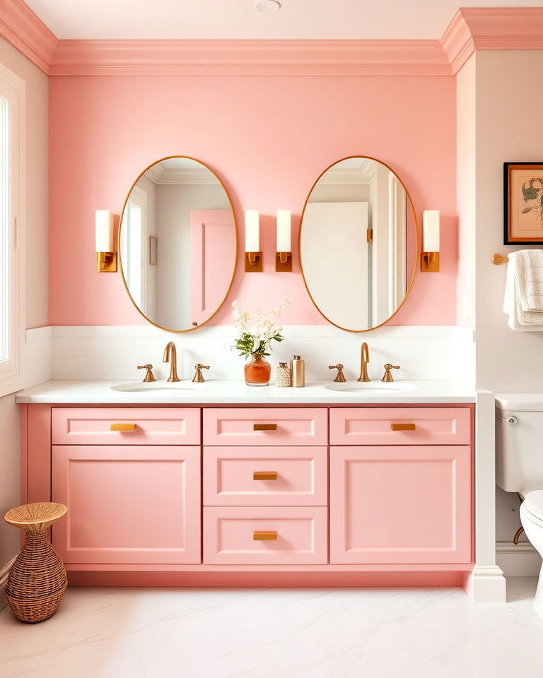 pink cabinets with brass hardware for a luxe look
