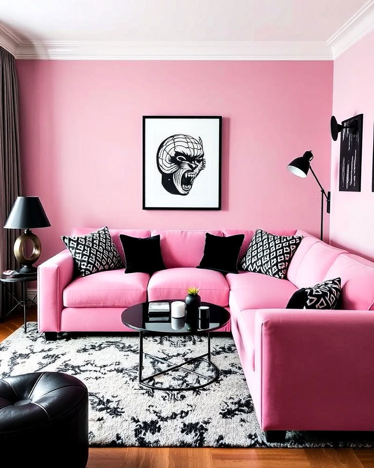 pink couch and black accents living room