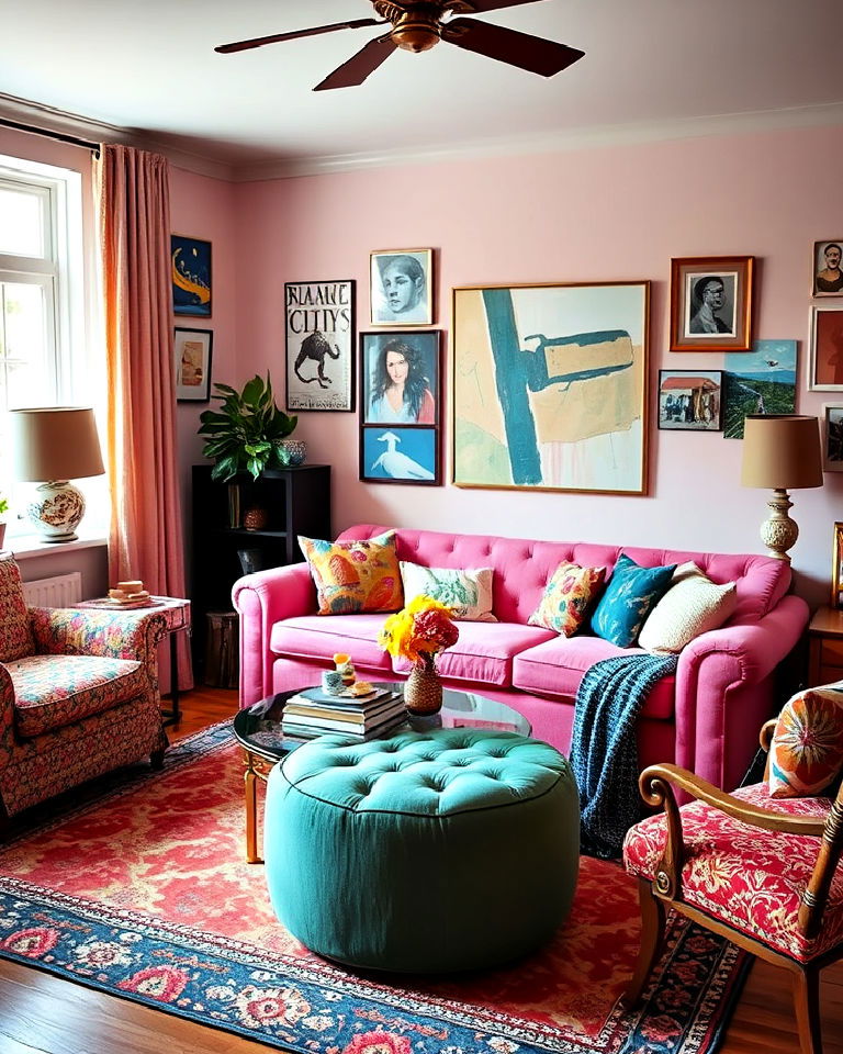 pink couch and eclectic mix living room