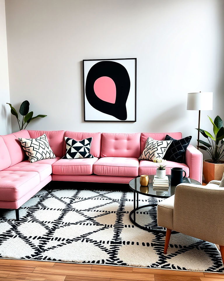 pink couch and geometric decor living room