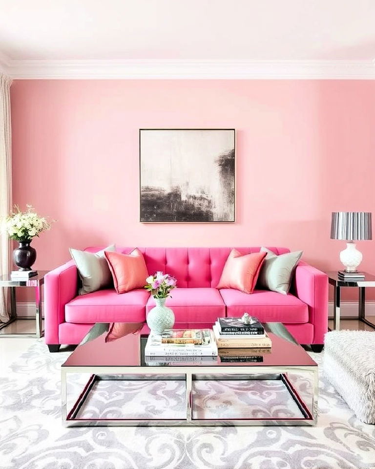 pink couch and metallic accents living room