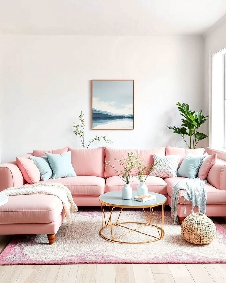 pink couch and pastel accents living room