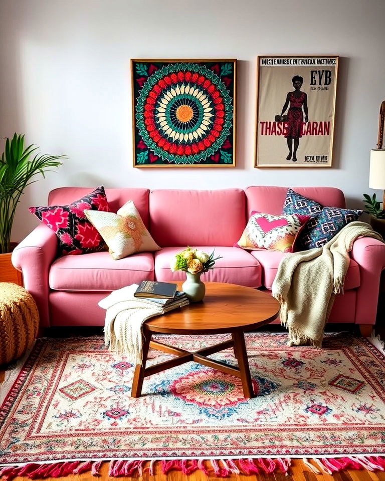 pink couch with bohemian decor living room