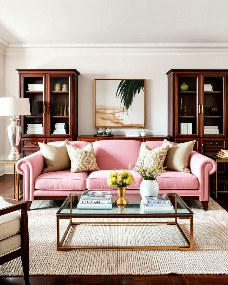 pink couch with dark wood furniture living room