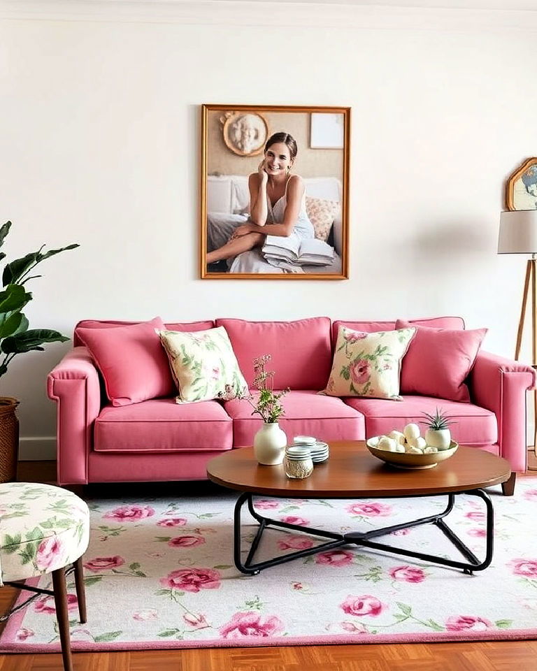 pink couch with floral patterns living room