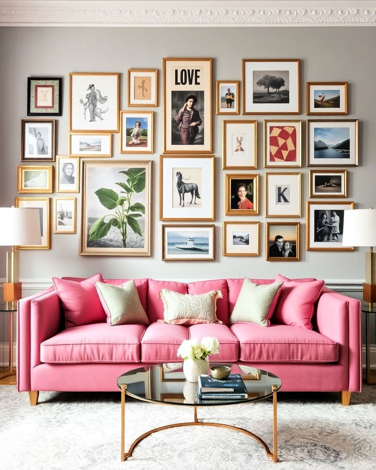 pink couch with gallery wall living room