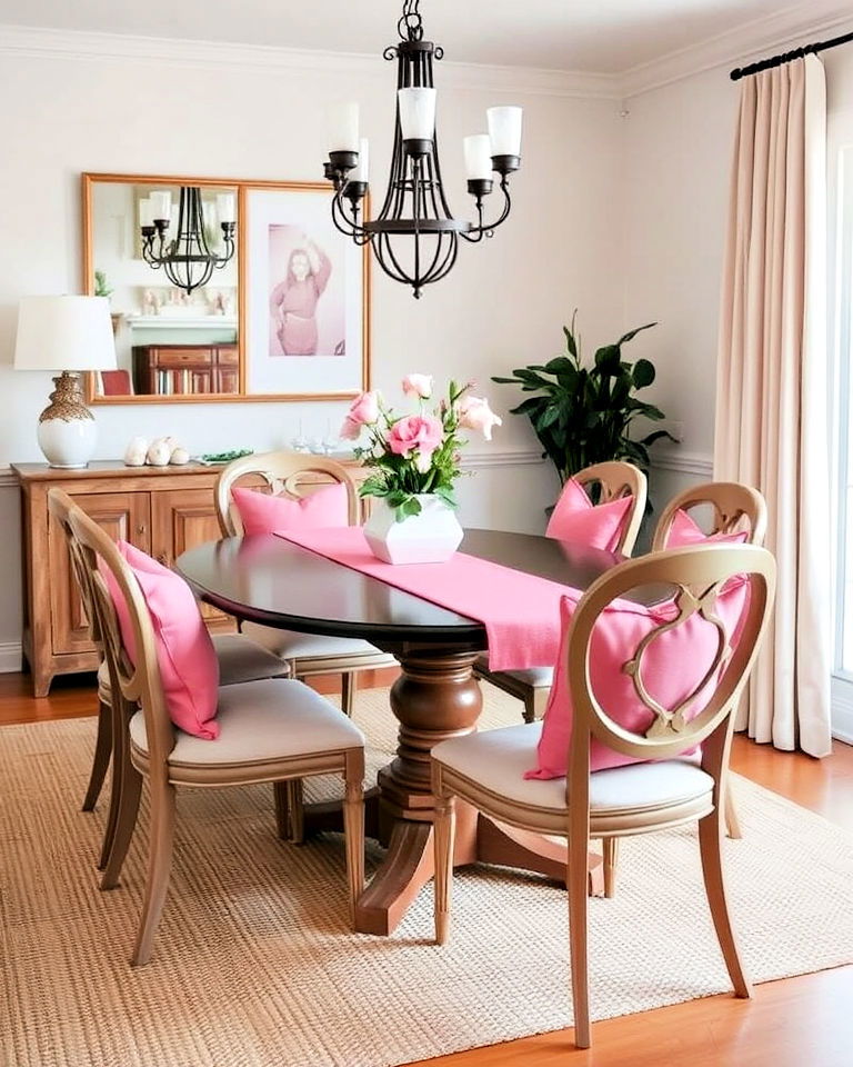 pink cushions on neutral chairs