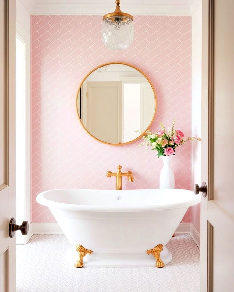 pink herringbone tile backsplash