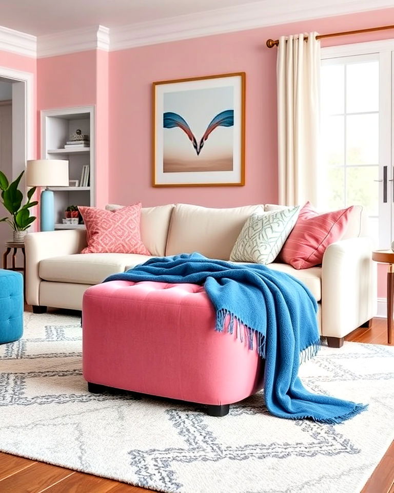 pink ottoman with blue throw blanket