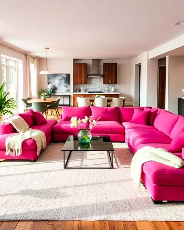 pink sectional couch for open plan living