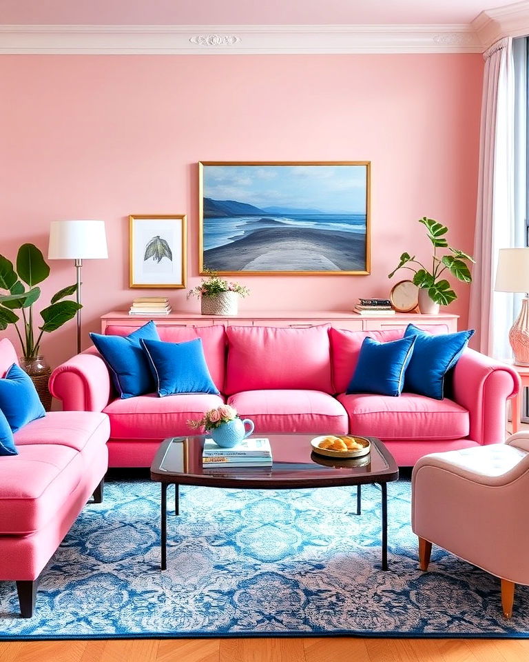 pink sofa with blue cushions for living room