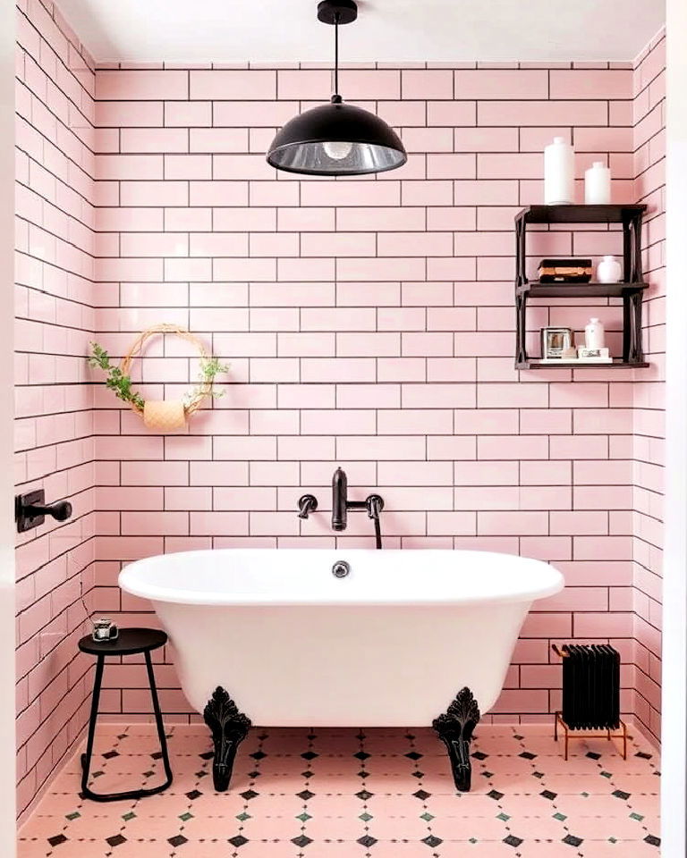 pink subway tile with dark grout