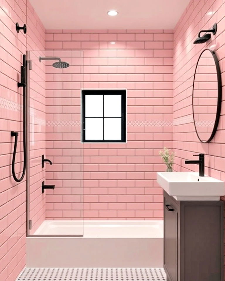 pink subway tiles with dark grout for contrast
