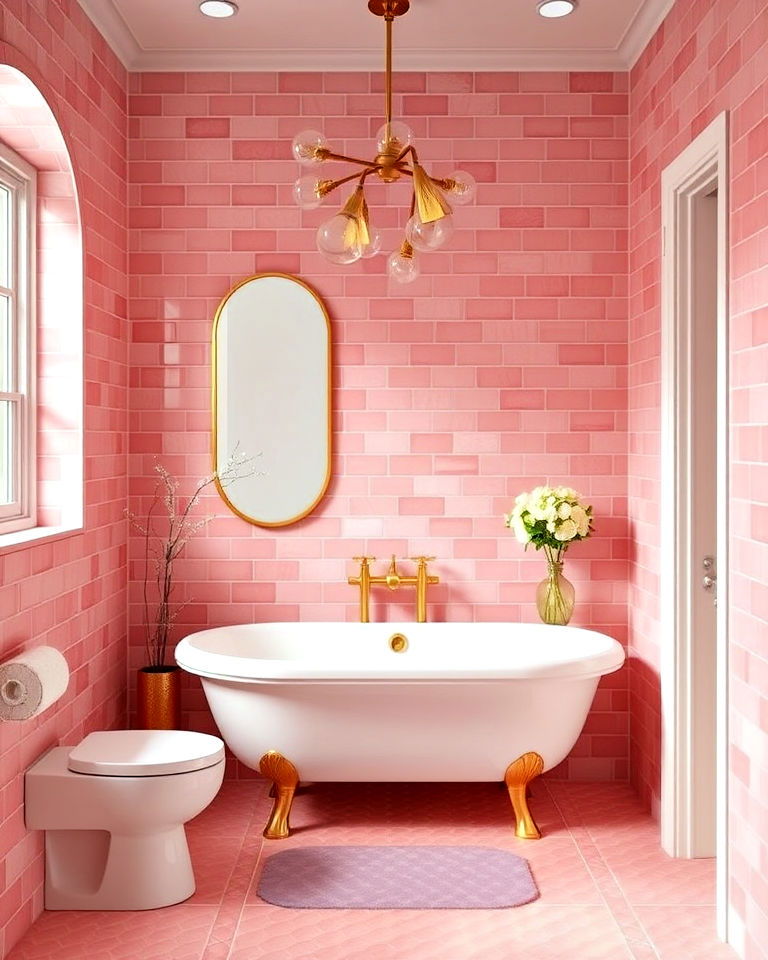 pink tiles and gold accents for bathroom