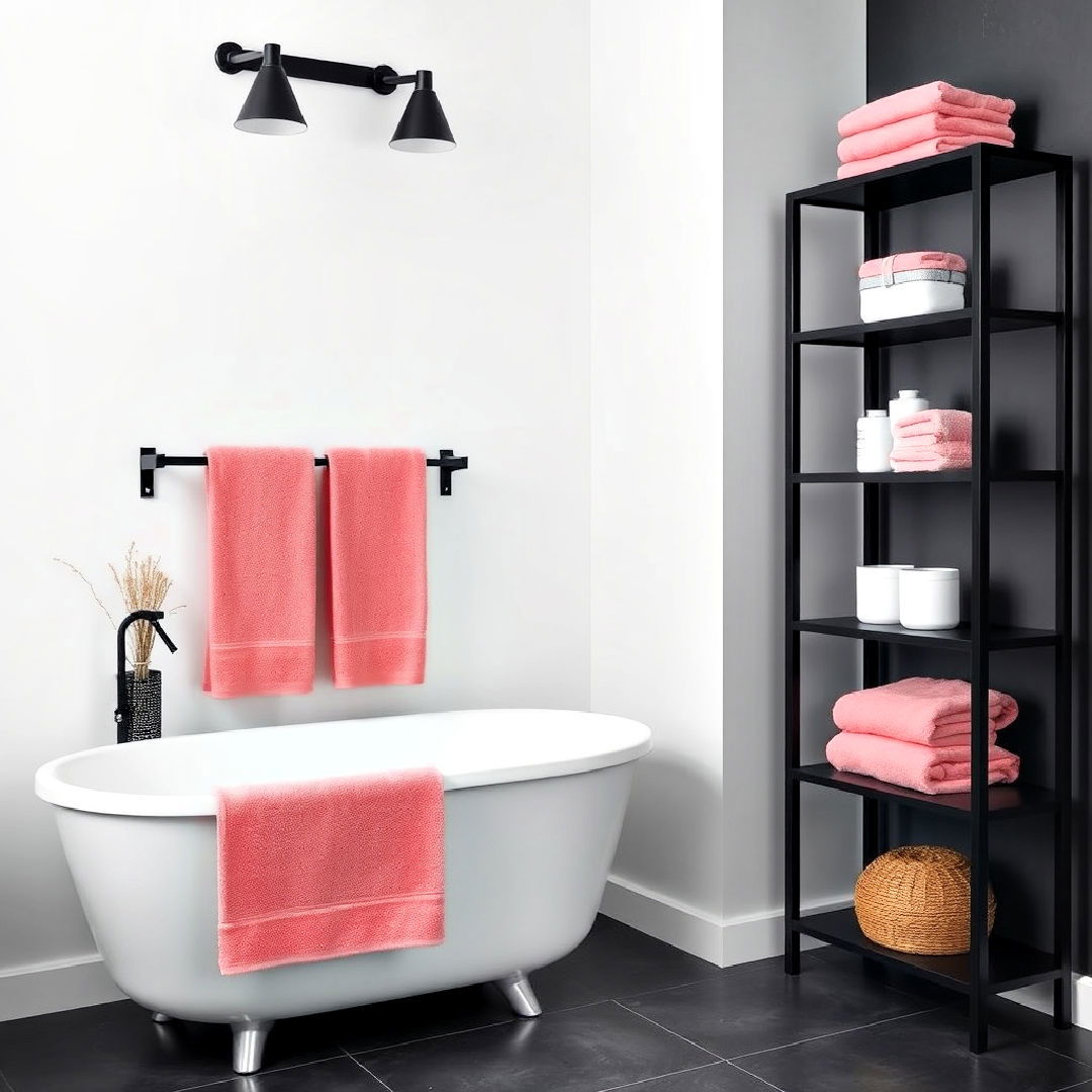 pink towel set with black shelving