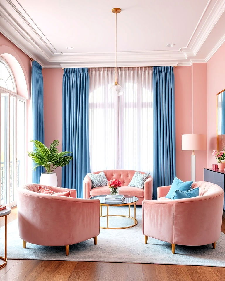 pink velvet chairs with blue curtains