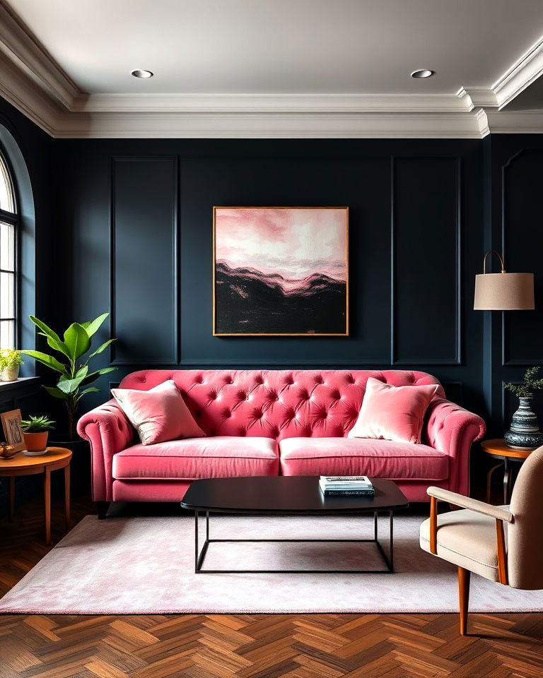pink velvet couch and dark walls living room