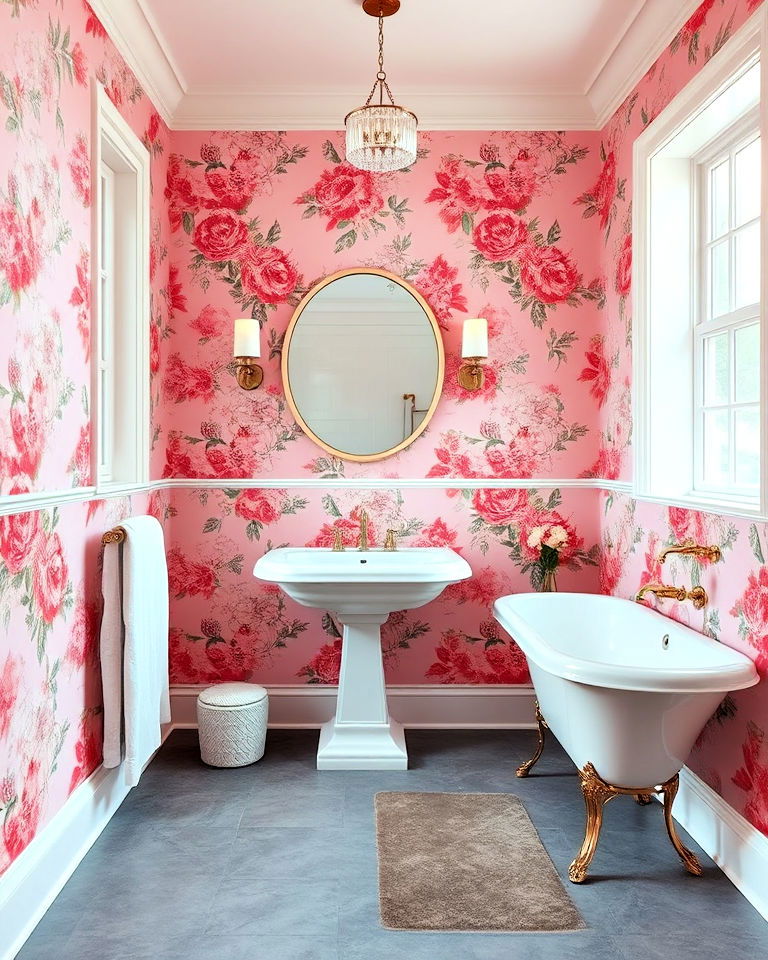pink wallpaper bathroom with floral patterns