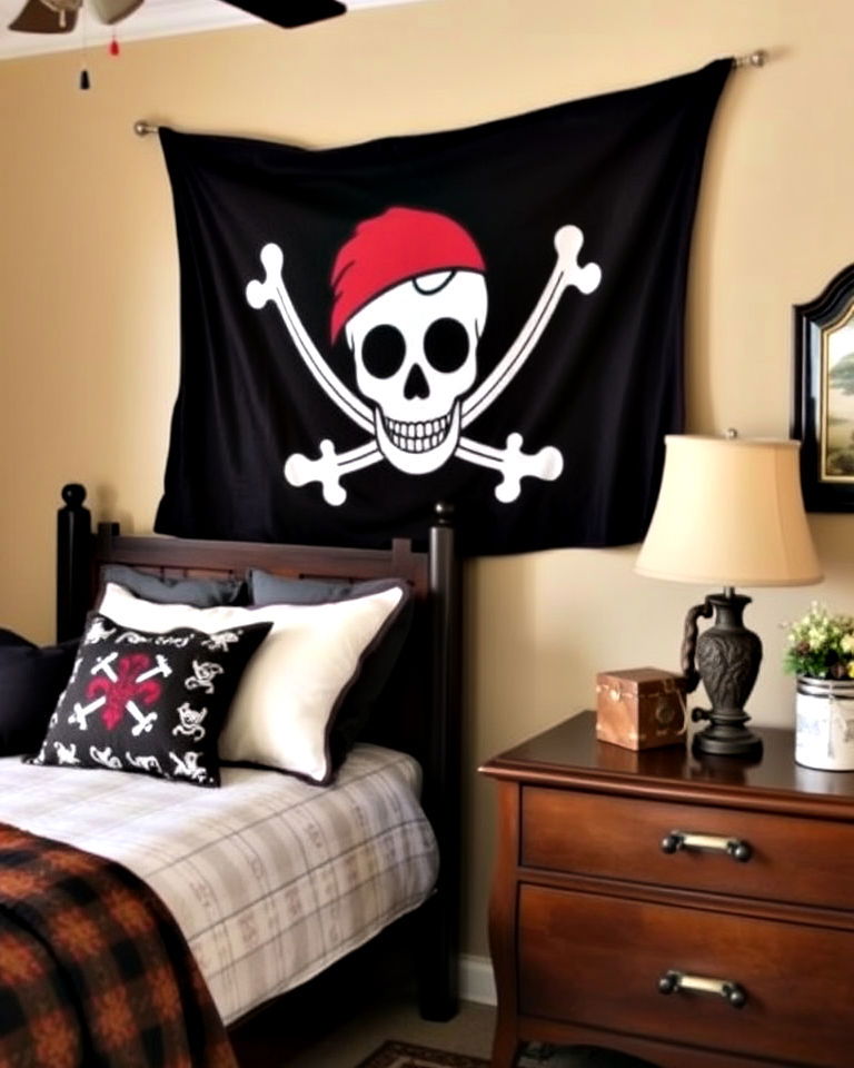 pirate themed bedroom with classic pirate flag decor