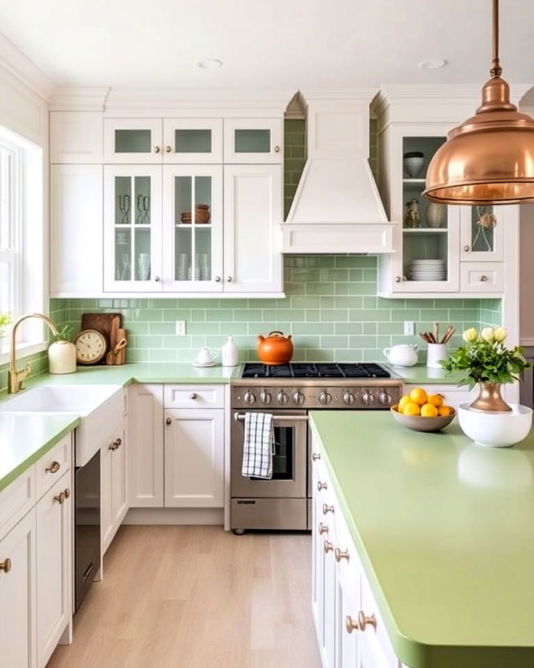 pistachio green countertops for a light kitchen space