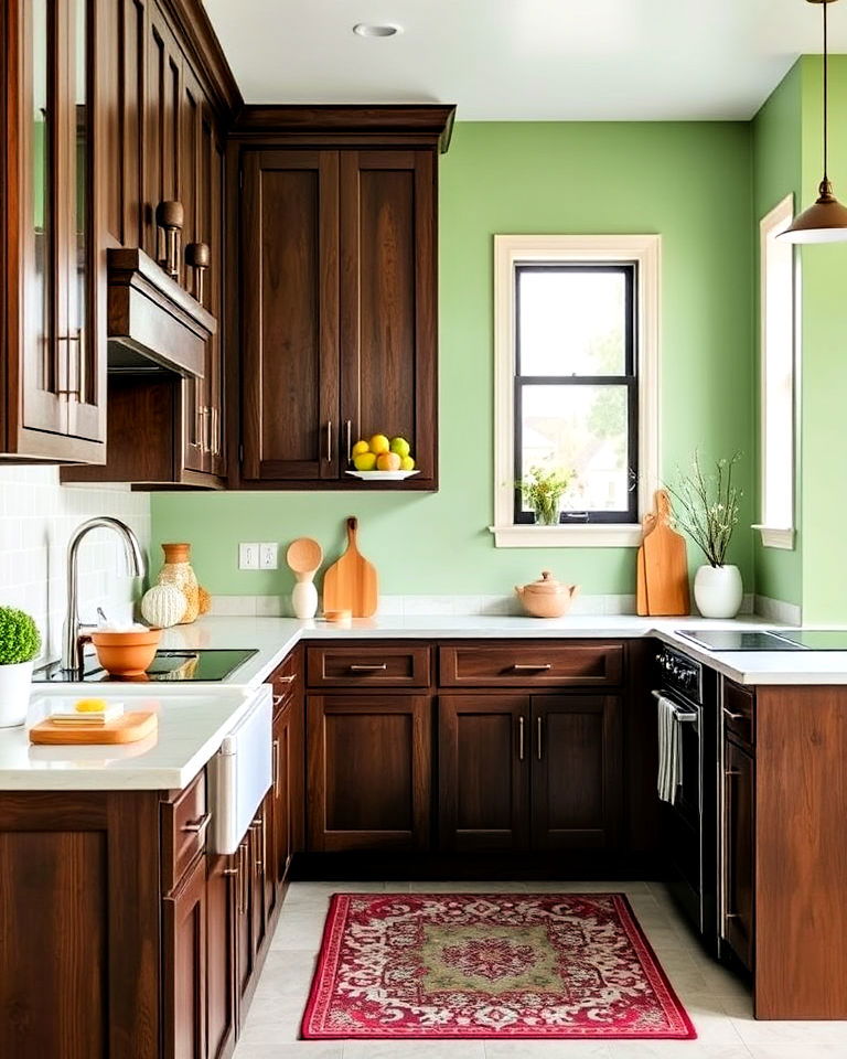 pistachio green kitchen walls with dark wooden accents