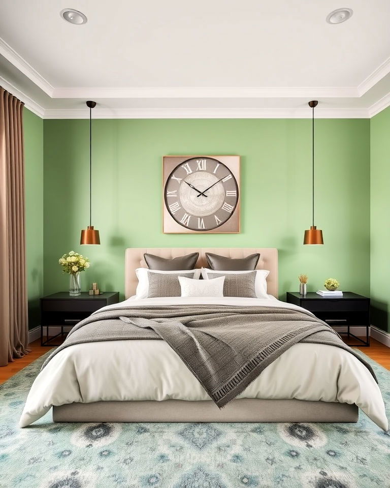 pistachio green walls with soft taupe bedding