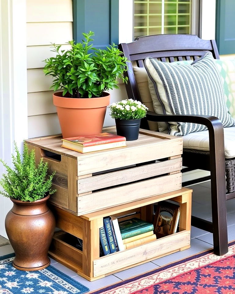 place a wooden crate as a side table