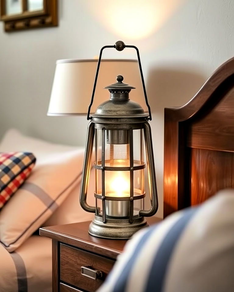 place nautical lantern style light on a nightstand