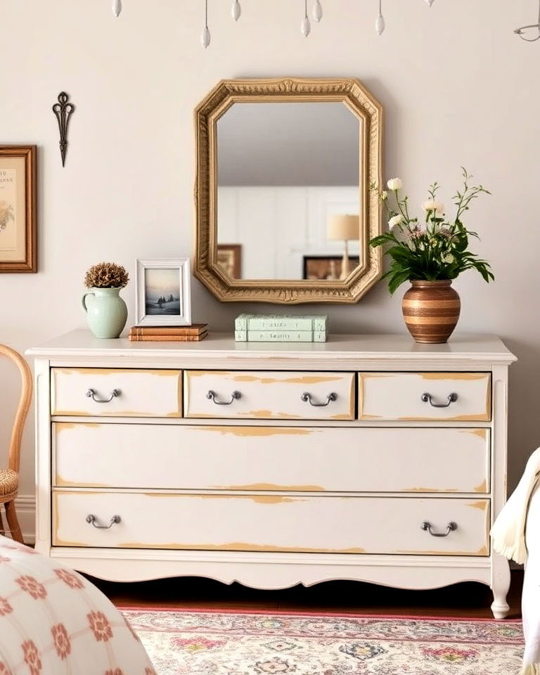 place painted dresser in vintage bedroom