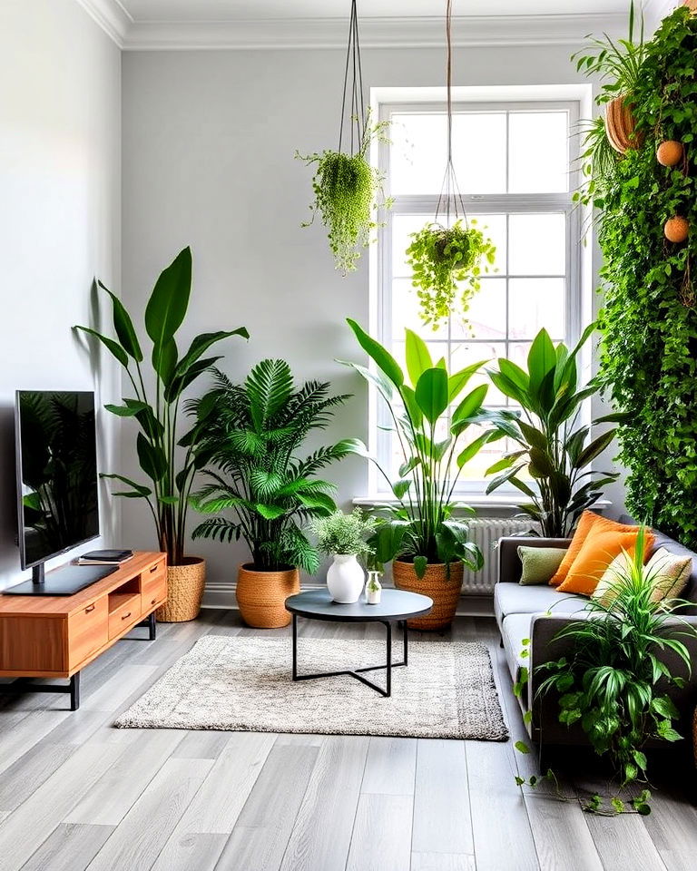 plant decor for a living room with grey flooring