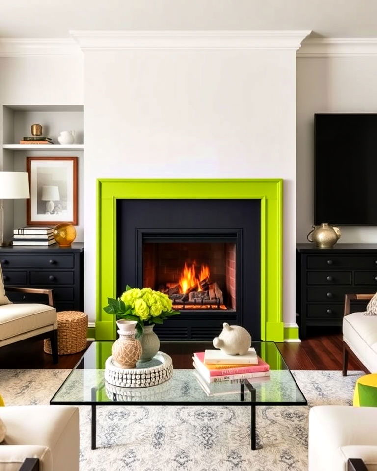 playful lime green fireplace trim