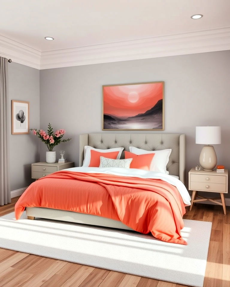 playful yet balanced coral and light gray bedroom