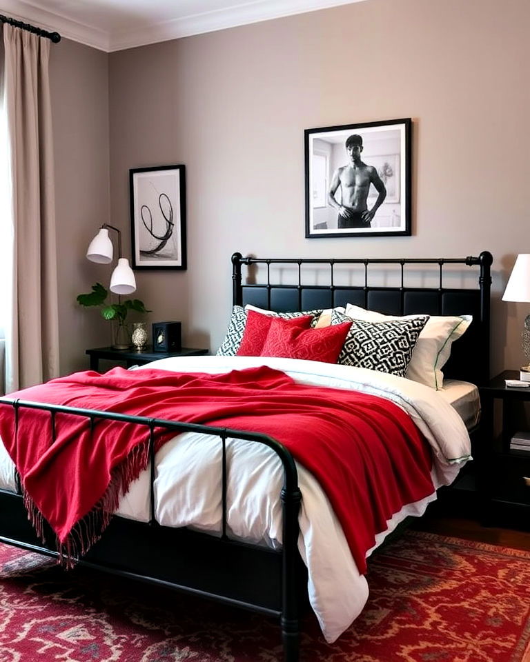 plush red throw blanket with a black bed frame