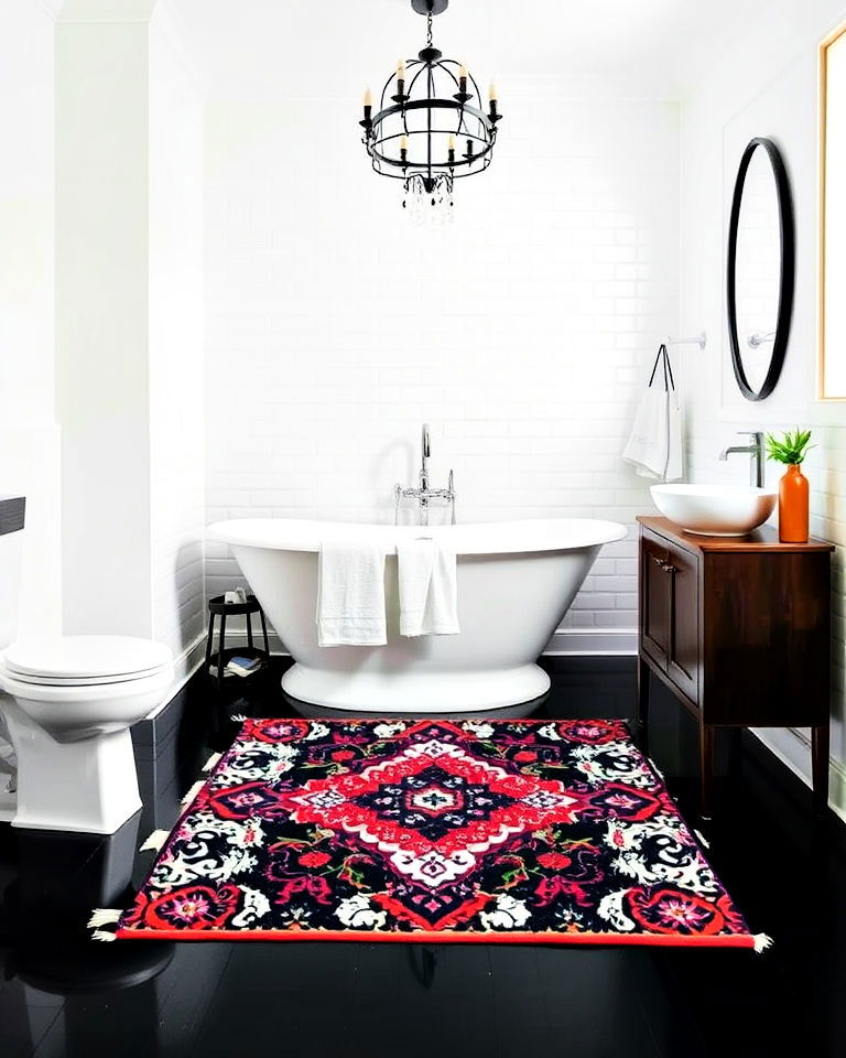 pop of color statement rug for black floor bathroom