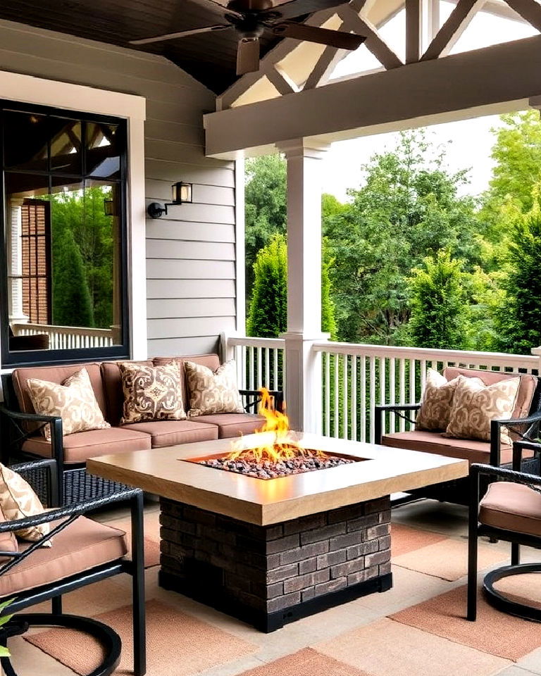 porch fire table with a built in fireplace