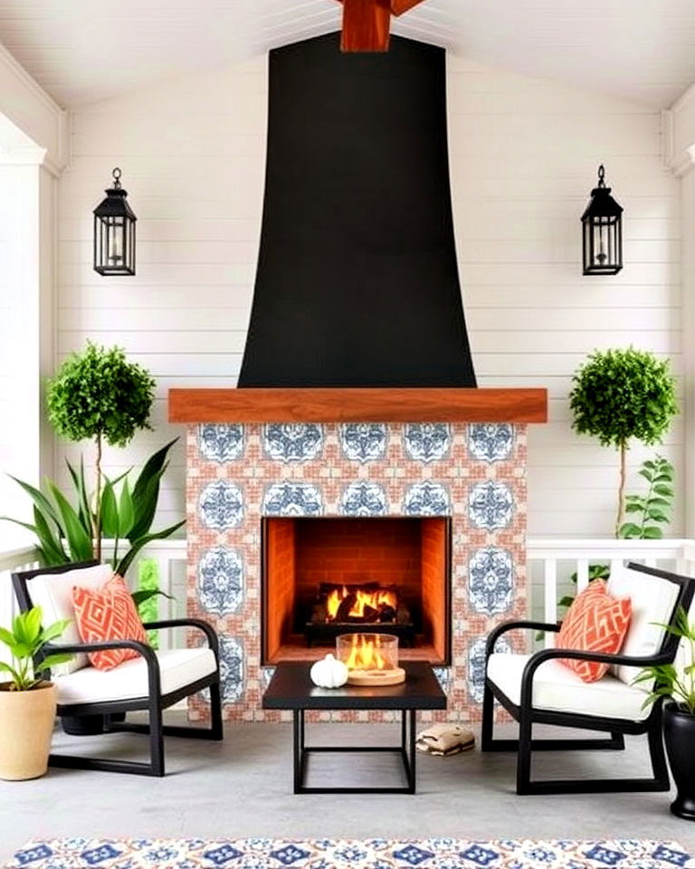 porch fireplace with a classic moroccan tile surround