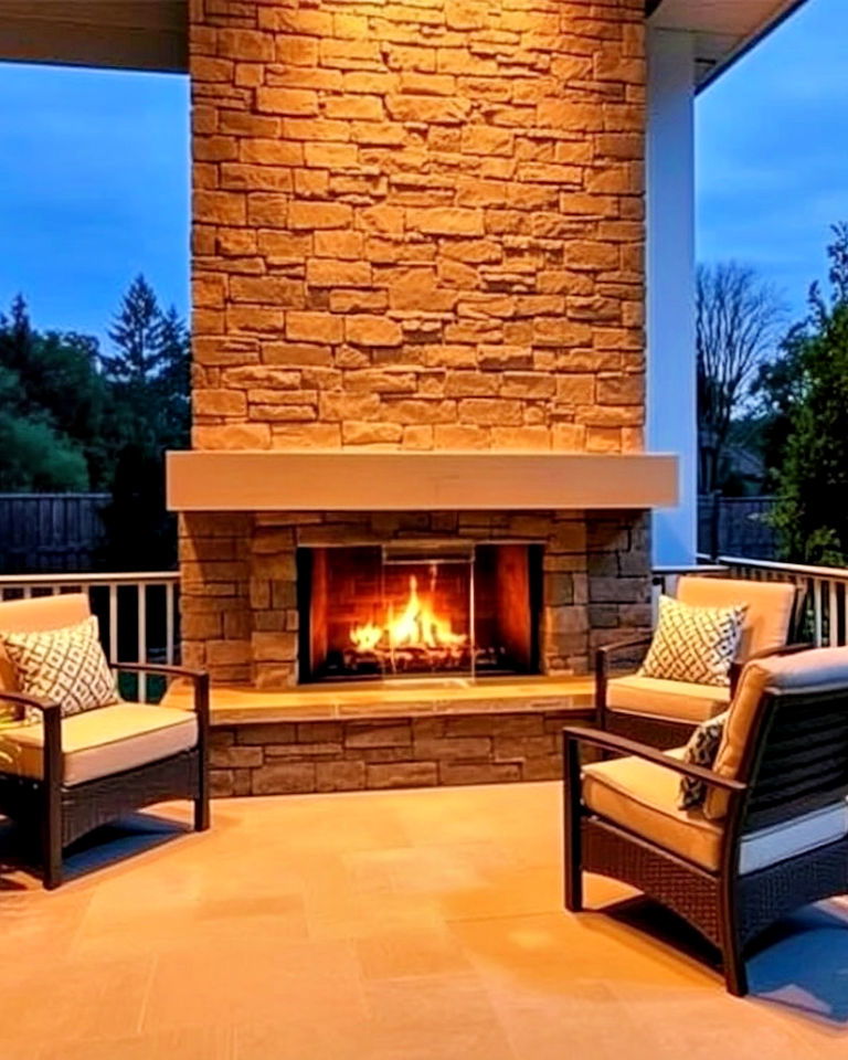 porch fireplace with a stunning water feature