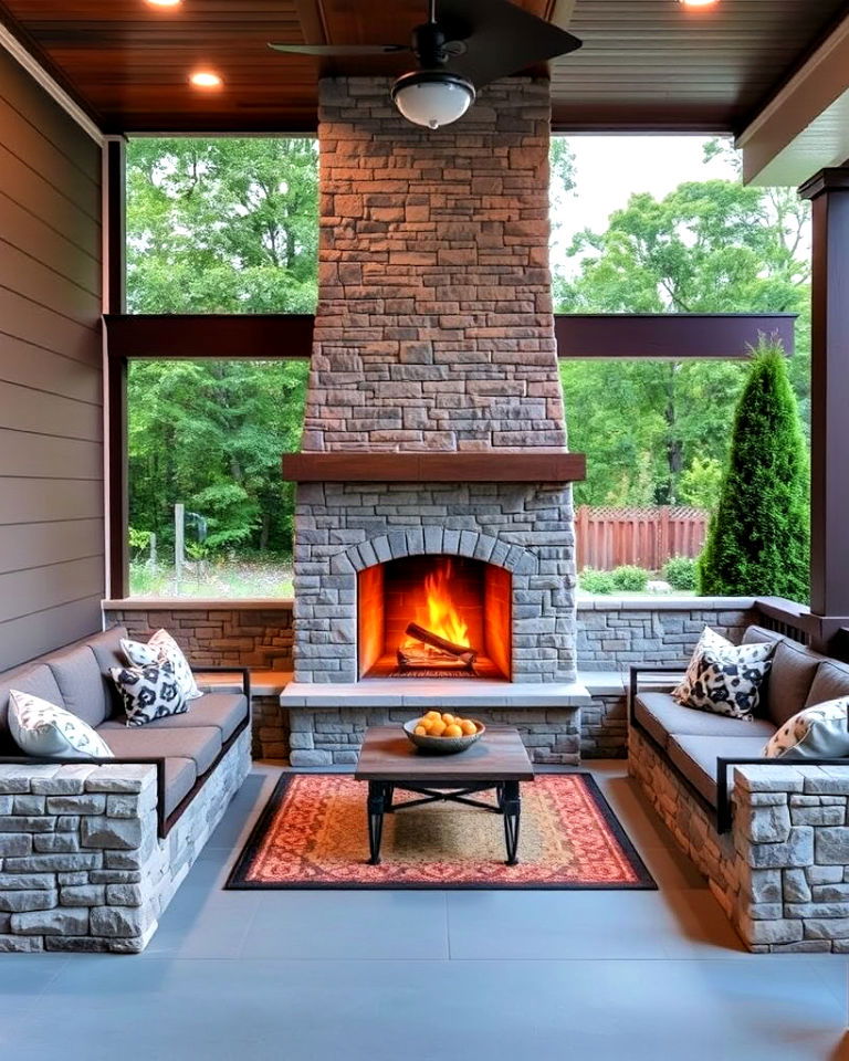 porch fireplace with built in seating for entertainment