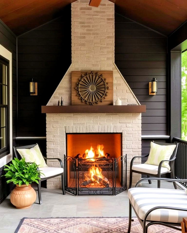 porch fireplace with decorative screen