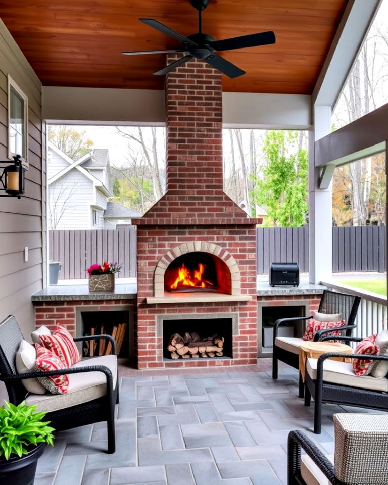 porch fireplace with pizza oven combo