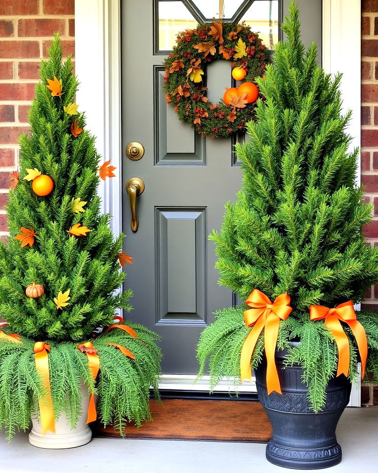 potted evergreens with fall accents