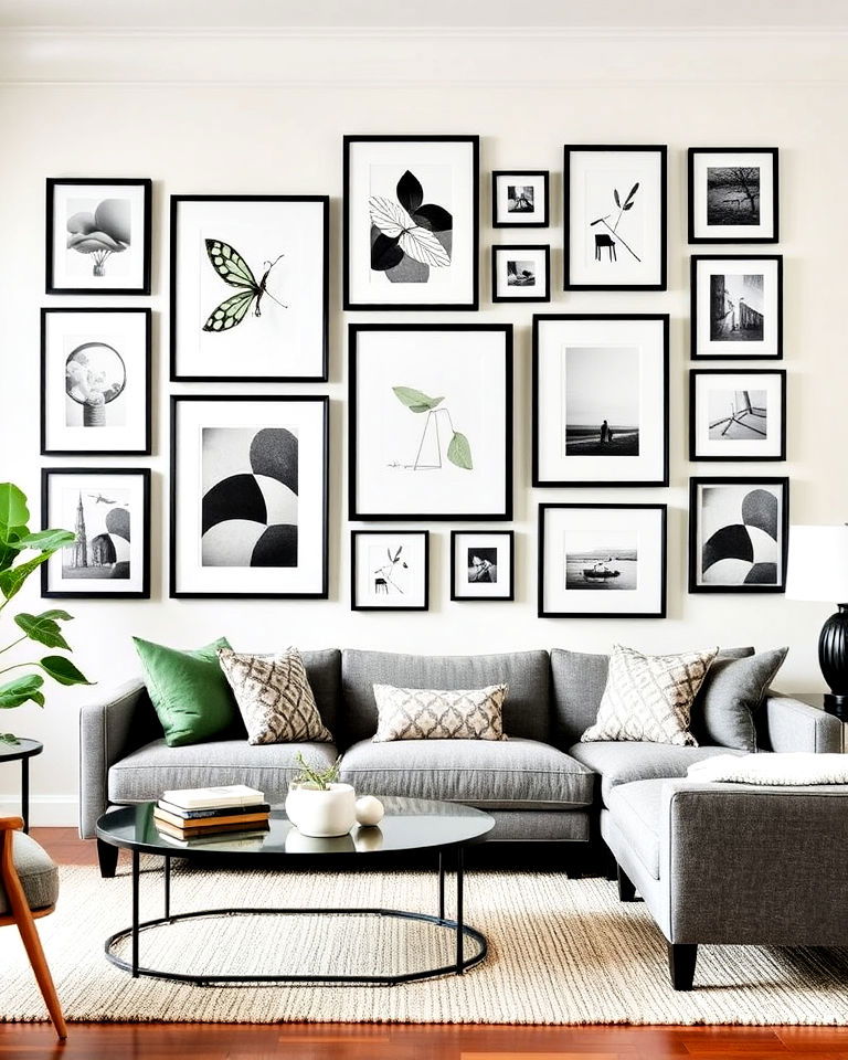 pottery barn living gallery wall with black frames