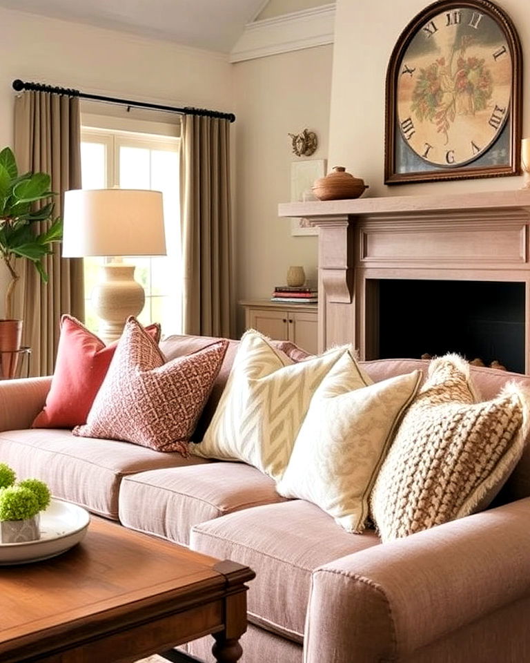 pottery barn living room with textured throw pillows