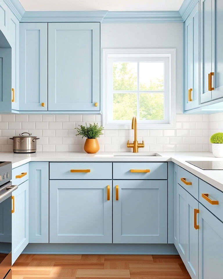 powder blue cabinets with gold handle