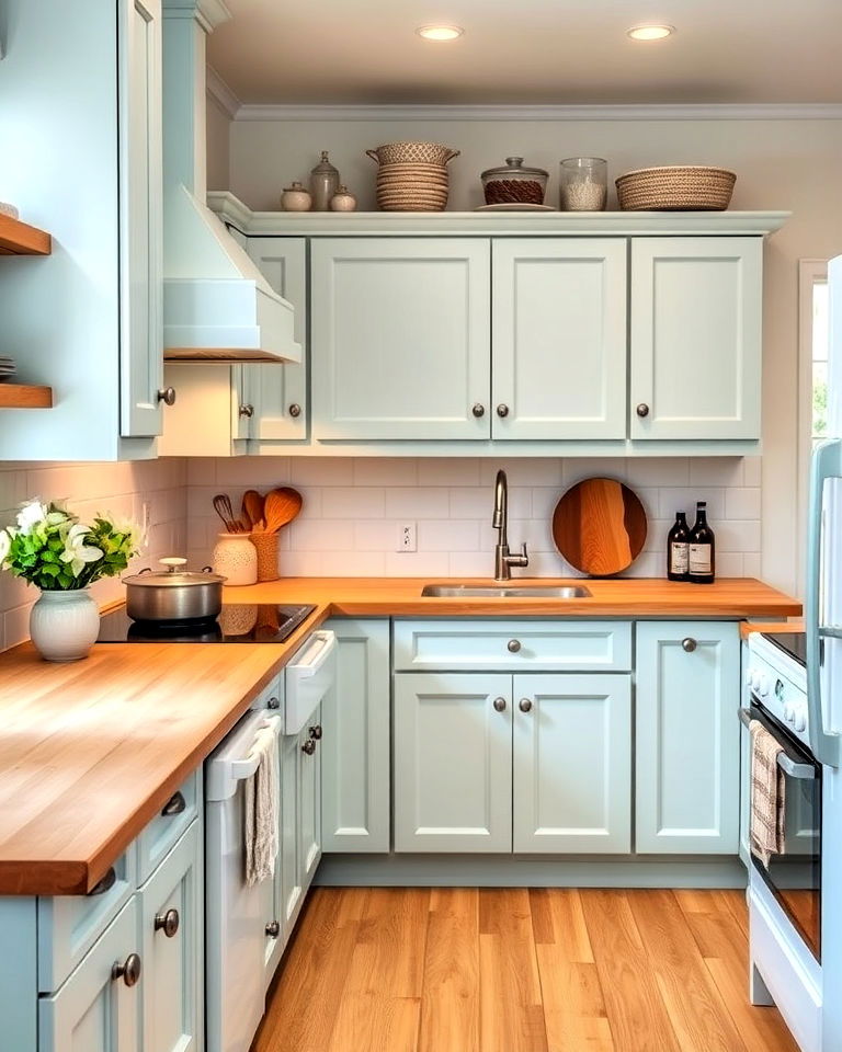 powder blue cabinets with natural wood countertops