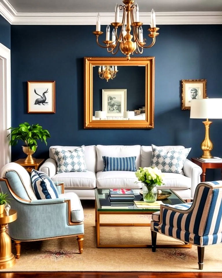 preppy living room decor with brass accents