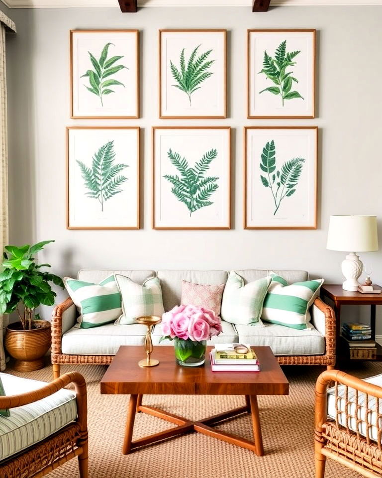 preppy living room with botanical print display