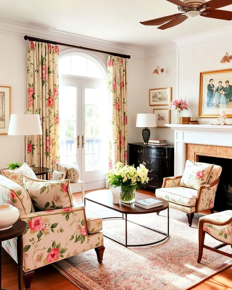 preppy living room with classic floral prints