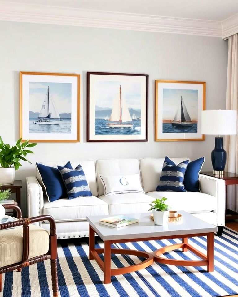 preppy living room with nautical inspired art